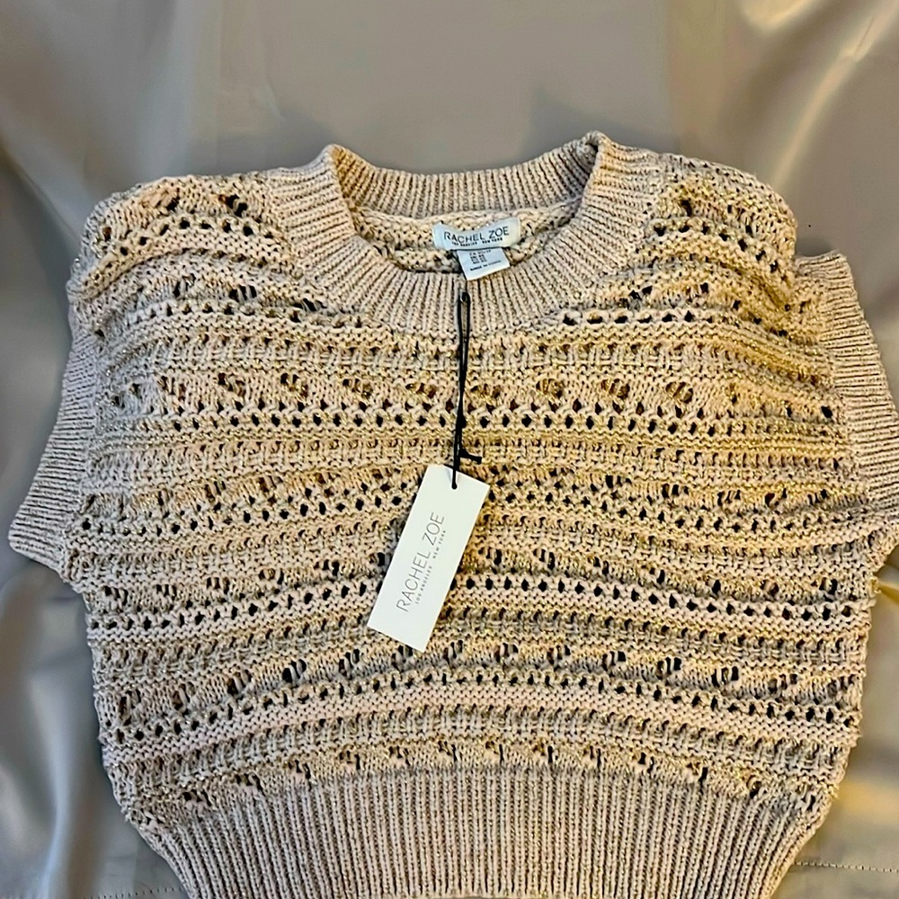 RACHEL ZOE pull over short sleeve sweater Cream & Gold Crochet Sweater Size XS